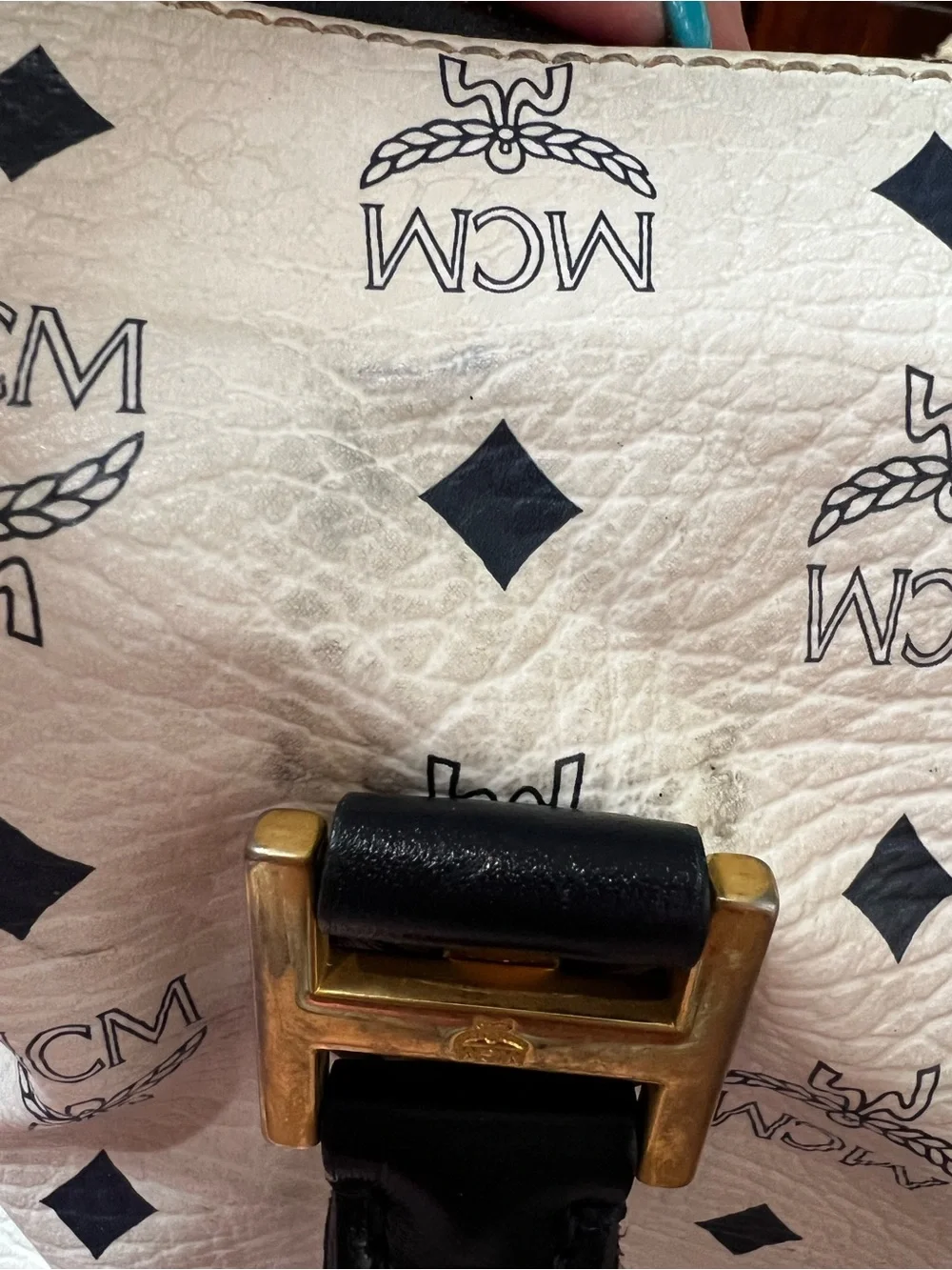 MCM Vintage White Visetos Boston Satchel Bag Navy Leather Gold Hardware